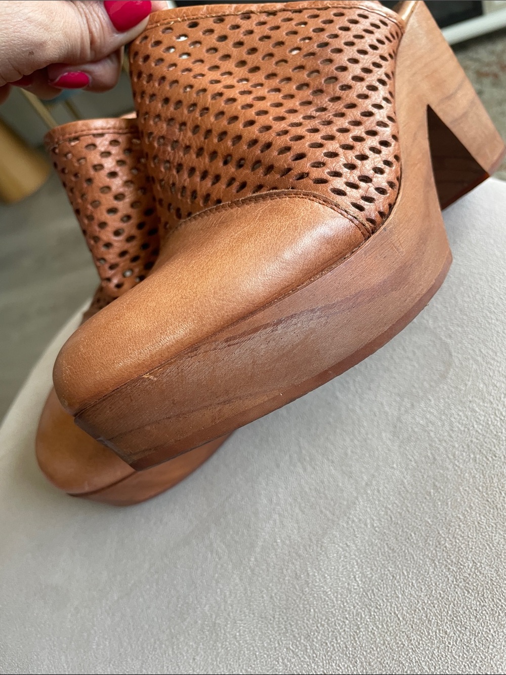Free People Logan Tan Perforated Leather Slingback Clog Heels - Picture 13 of 15